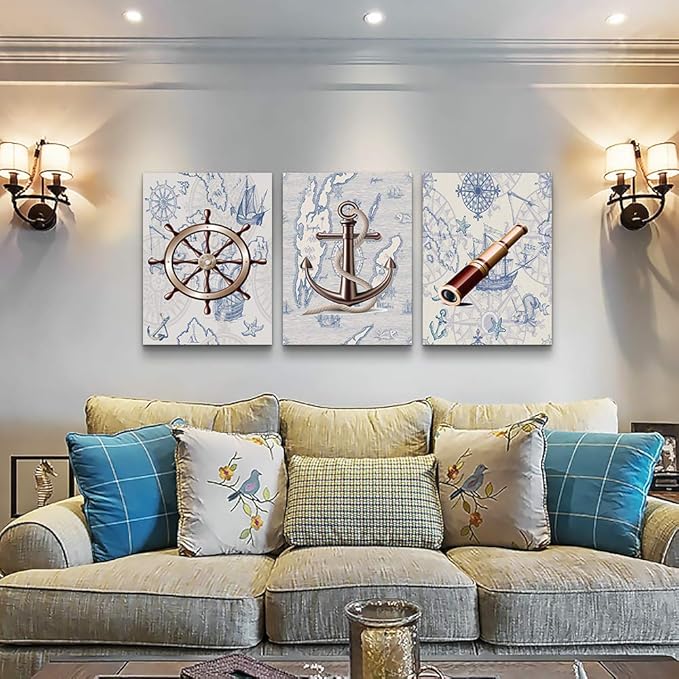 ocean theme steering wheel telescope ship pendant Canvas Prints bathroom Wall Art for Bedroom Wall decor Artworks Pictures wall decorations for living room,3 piece Home decor kitchen wall paintings