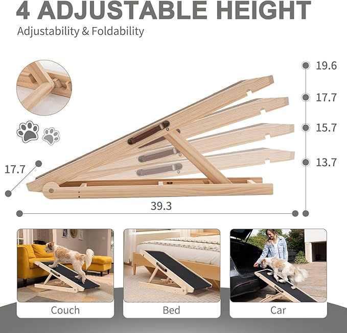 ABORON Antislip Dog Ramp, Adjustable Folding Pet Ramp for Small & Large Old Dogs & Cats, High Traction Portable Rubber Paw Ramps, Supports up to 200 lbs, Used for Bed Couch SUV, 39.3'' Long