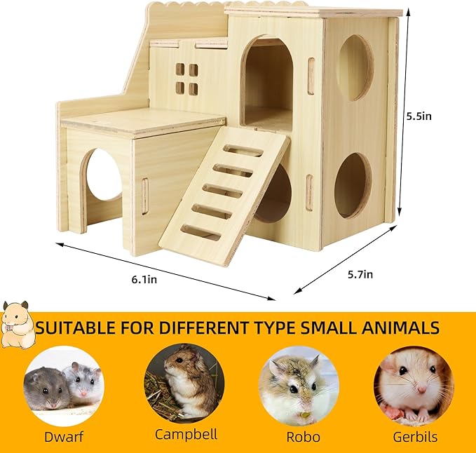 Tiny Hamster Maze Wood House with Slide House, Hamster Hideout Cage Accessories, for Dwarf Gerbils and Mouse Mice Rat Other Small Animals(Only Suitable for Hamsters)