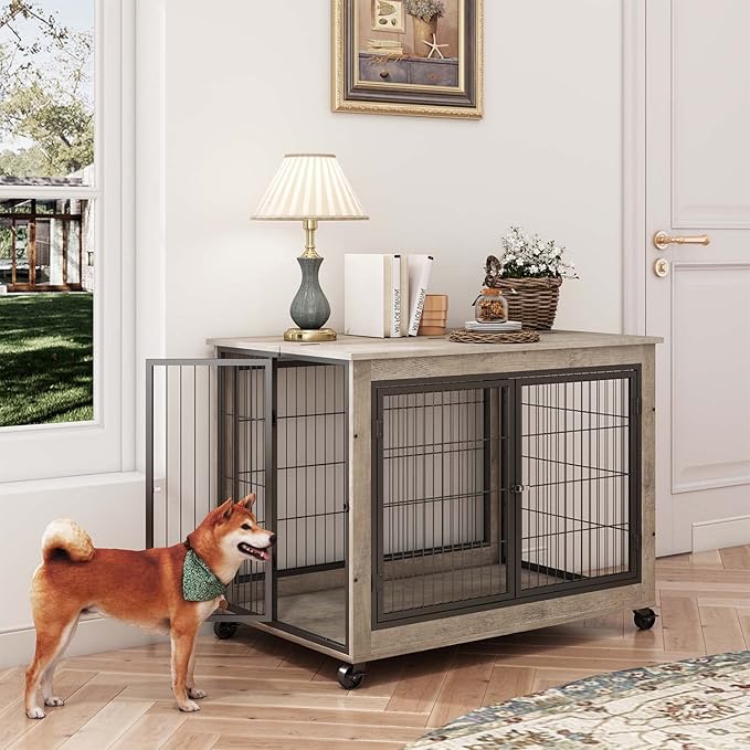 IchbinGo Wooden Dog Crate Furniture, 38.5" Dog Kennel with 3 Doors, Flip-up Top Opening and Wheels, Decorative Pet Crate Dog House for Large/Medium/Small Dog Indoor Use (Rustic Grey)