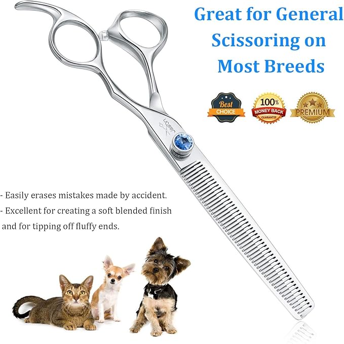 JASON 7" 50 Teeth Thinning Dog Grooming Blending Scissor, Ergonomic Pet Grooming Thinner Blender Shears Cat Trimming Texturizing Kit with Offset Handle and a Jewelled Screw, 30% Thinning Rate