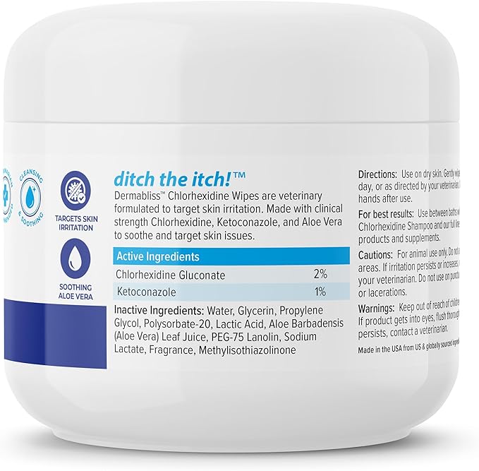 Vetnique Dermabliss Chlorhexidine for Dogs Skin Health Antibacterial Wipes for Dogs for Infections, Irritation & Redness Relief (Skin Wipes, 50 Count)
