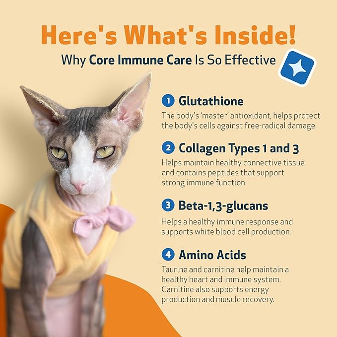 Pet Wellbeing Core Immune Care for Cats of All Ages - Daily Antioxidants, Immune Support, Collagen, Glutathione, Vitamin E - Veterinarian-Formulated Holistic Supplement 3.7 oz (105 g) Powder