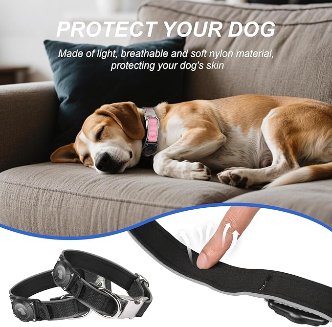 Waterproof Airtag Dog Collar - Nylon Collar with Durable Airtag Holder, Reflective&Anti-Lost with Safety Metal Buckle, Soft Padded Adjustable for Small Medium Large Dogs Black L