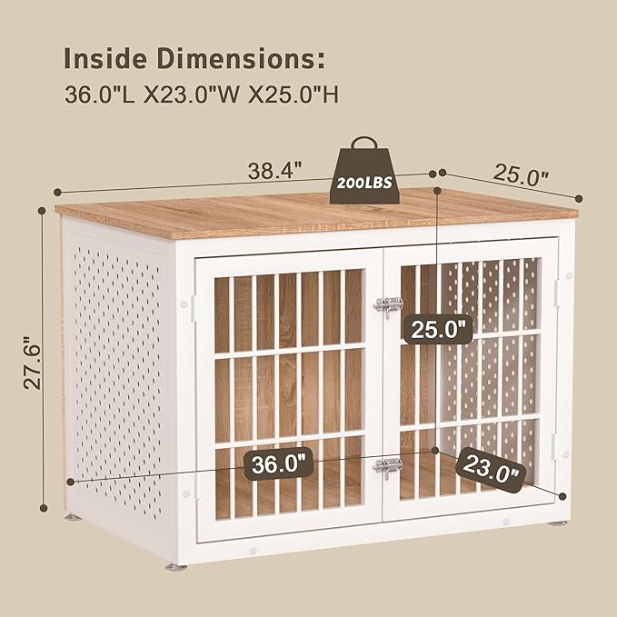 38" Heavy Duty Dog Crate Furniture for Large and Medium Dogs,Wooden Metal Kennel for High Anxiety Dogs, Chew Proof Pet Cage Indoor, Decorative Dog Kennel End Table, White