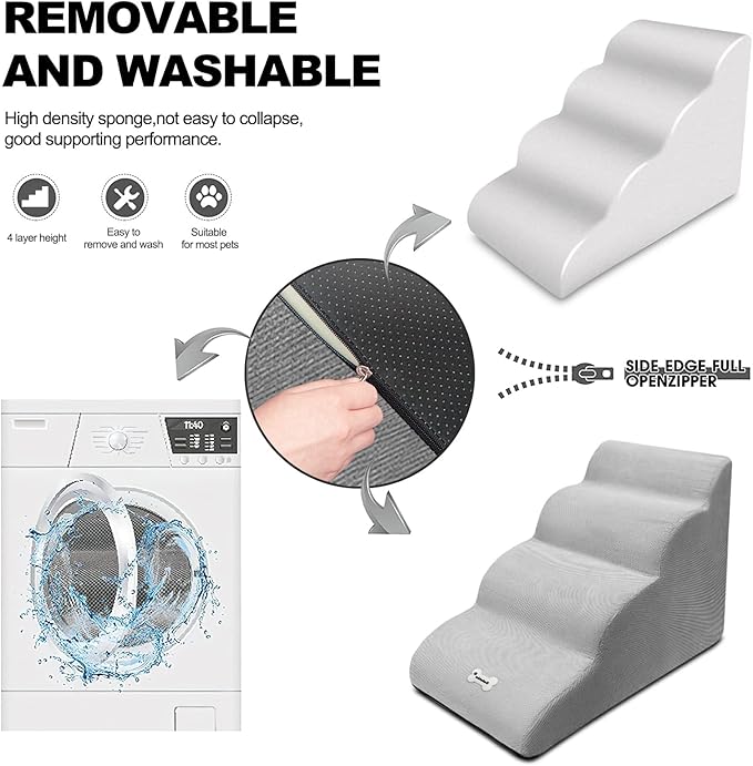 Dog Stairs, Removable and Washable Pet Stairs, 4-Steps Non-Slip Pet Ramp, Dogs Steps for High Bed Sofa, High Resilience Sponge Dog Stairs(Light Brown)