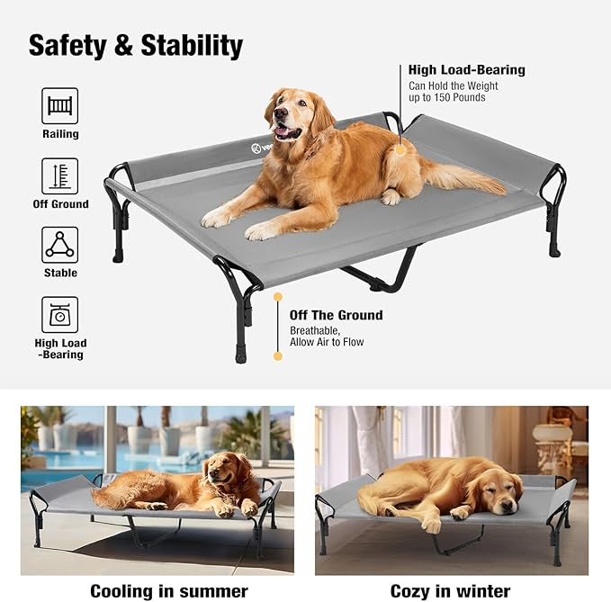 Veehoo Cooling Elevated Dog Bed, XL Raised Pet Cot with Guardrail & Slope Headrest, Durable Breathable Teslin Mesh, Non-Slip Feet, Washable Dog Couch Bed for Indoor & Outdoor, 50.5" x 33.5, Gray
