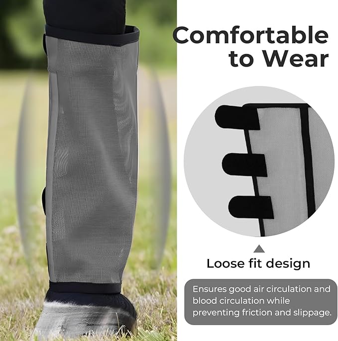 Mesh Horse Fly Boots Set of 4，Adjustable and Universal Loose Fitting & Non-Slip Horse Fly Leggings for Horses,Reduce Stressful Stomping (Grey)