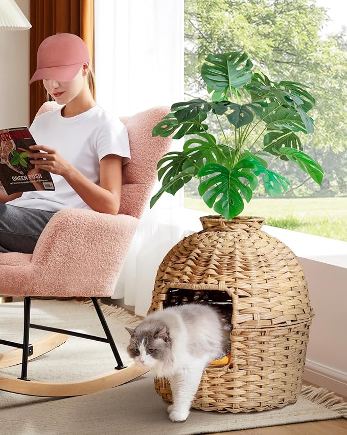 Cat Litter Box Plant Furniture Enclosure, Hidden Handwoven Rattan with Cat Litter Box and Artificial Plants, Odor Control Filter, Real Stones in Living Room, Bedroom, Corner Natural