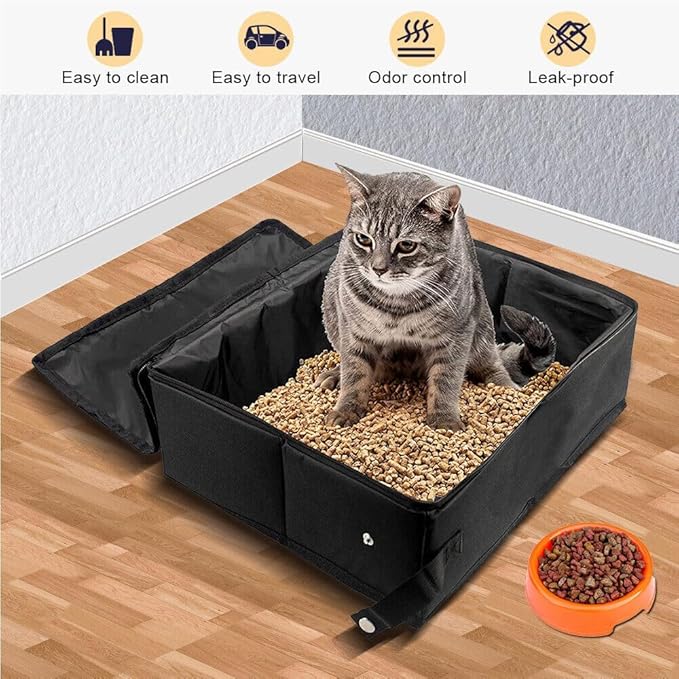 Portable Cat Travel Litter Box with Zipped Lid, Foldable Travel Litter Box, No Leakage, No Smell, Waterproof, Easy to Carry, Easy to Use in Hotels, Car