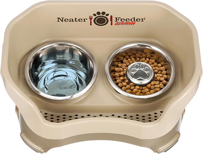 Neater Feeder Deluxe Mess Proof Dog Bowls Elevated for Medium Sized Breeds – Made in USA – No Spill Raised Slow Feeder Elevated Dog Bowl Stand, Stainless Steel Food and Water Bowl Set, Cappuccino