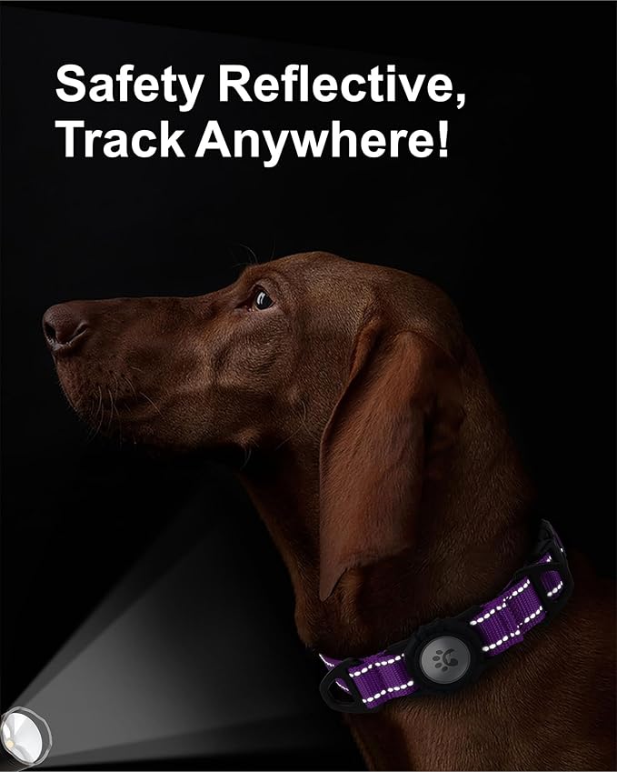TagME Airtag Dog Collar,Waterproof Reflective Pet Collar with Airtag Holder,Soft Padded and Double D-Rings for Large Dogs,Purple