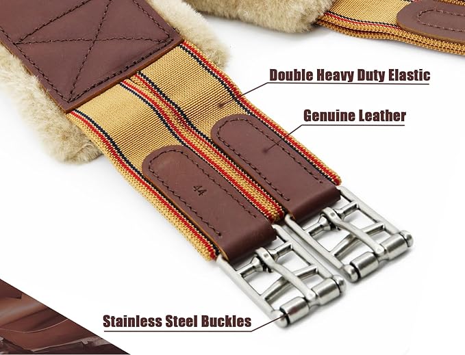 Jeereal Fleece English Girth | Breathable Horse Girth for English Saddle with Double Heavy Duty Elastic - Genuine Leather and High-Strength Webbing Stitched