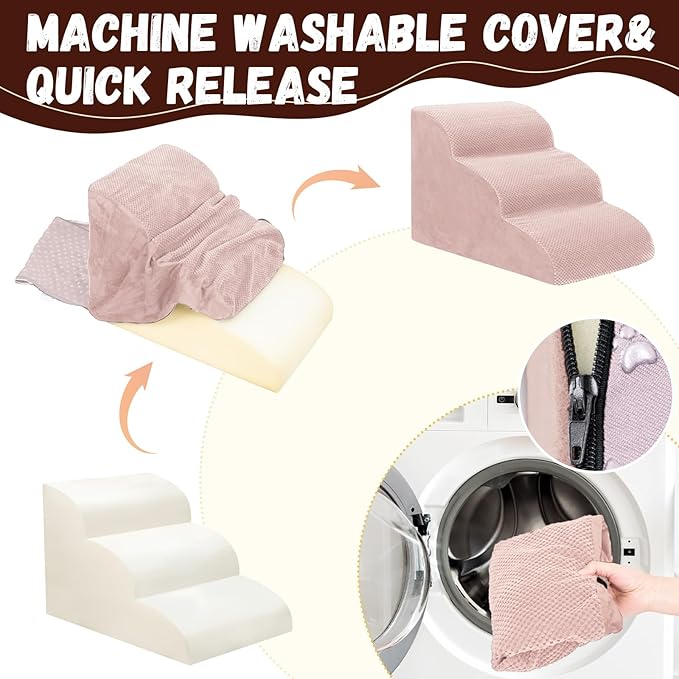 Dog Stairs for Small Dogs - High Density Foam Pet Steps, Extra Wide Dog Ramp with Non-Slip Bottom for High Beds, Couch and Sofa, Best for Dogs Injured, Older Doggy Cats,3 Steps, Pink