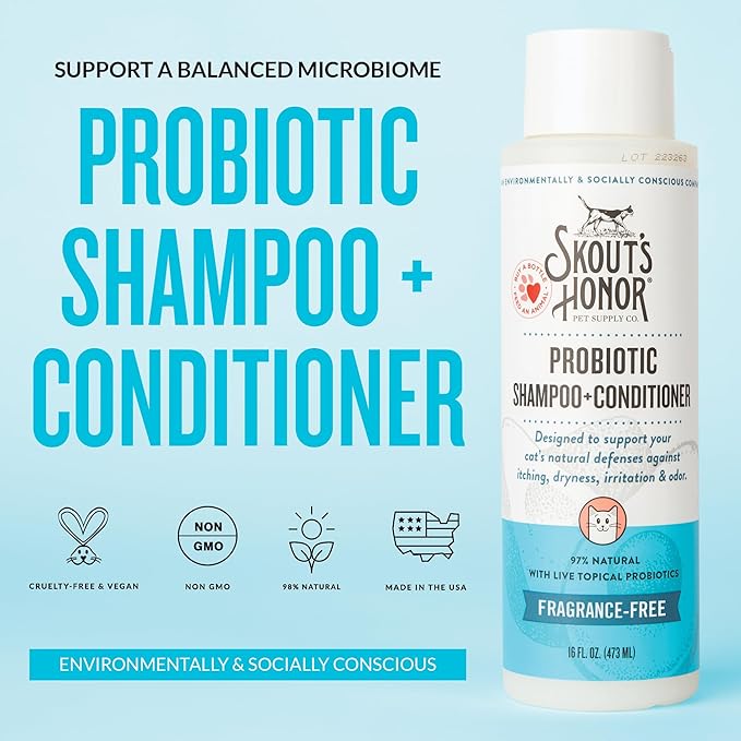 Skout's Honor Unscented Probiotic Cat Shampoo & Conditioner with Avocado Oil & Omega-3s, 97% Natural, Paraben & Sulfate-Free, Cruelty-Free, 16oz, Fragrance Free