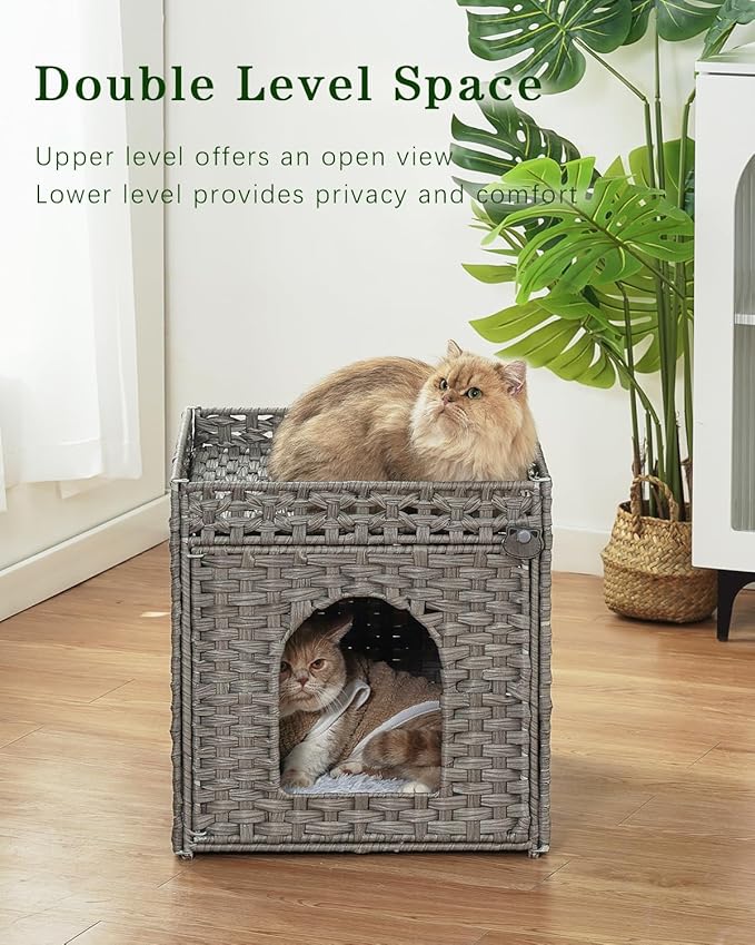 Cat Beds for Indoor Cats Extra Large Double Cat Cave Pet Cube, Handwoven Rattan Cat Houses with Double-Sided Soft Cushions, 18.5 x 20.5 x 19.1 Inches Foldable Hideaway in Living Room Gray