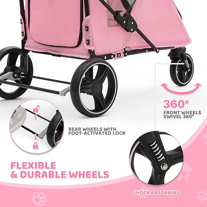 Magshion Pet Stroller for Medium Dogs w/Adjustable Handle, 3-Wheel Dog Cat Wagon w/Dual Entry, Rear Storage, Breathable Mesh, One-Foot Brake, Ideal for Large Pets up to 55 lbs, Pink