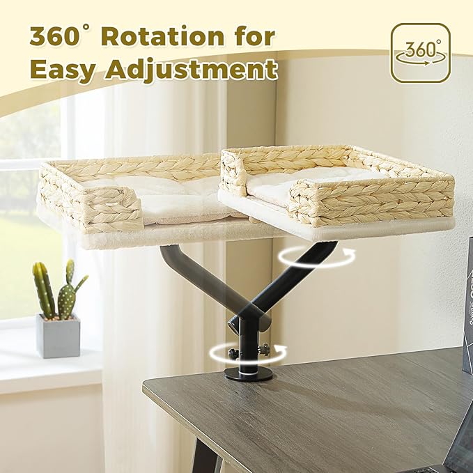 PAWZ Road Cat Desk Bed for Indoor Cats, Wicker Cat Bed for Desk Supports Up to 50 lbs, 360° Rotation & Adjustable Soft Plush Cats Hammock for Desktop, White