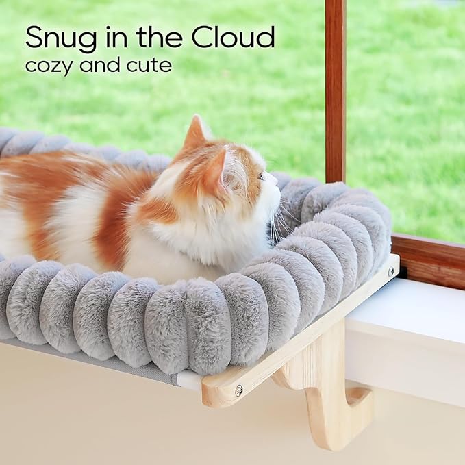 SnugCloud Cat Window Perch with 4-Sided Bolster - Orthopedic Cat Hammock for Window Sill - Solid Hardwood & Metal Frame - Window Seat for Pets (Natural Color Wood w/Gray Bed, Large)