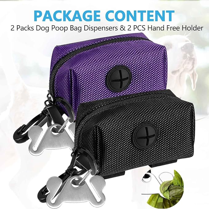 Dog Waste Bag Dispenser Pet Poop Bags Holder for Doggie Waste Bags Dispensers Soft Fabric Zipper Small Doggy Puppy Pouch for Leash Accessory Attachment with Carrier,2PCS Purple&Black