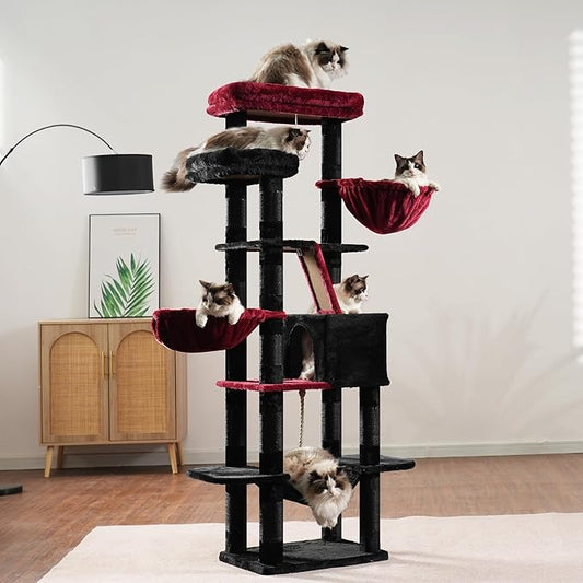 Heybly Cat Tree, 68 inch Multi-Level Cat Tower for Indoor Cats, 2 Widened Plush Perches Cat Condo with Scratching Board and Big Caves, Black and Red HCT025BR