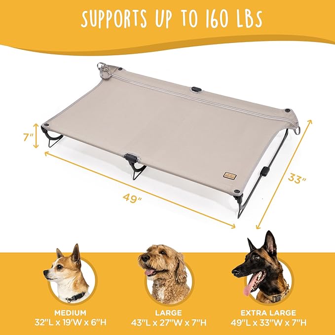 Daisy Cot, XL Foldable Elevated Dog Bed, Portable Raised Outdoor Folding Dog Cot, Cooling, Chew Proof, Waterproof, Heavy Duty Up to 160 lbs for Camping/Home, Brown, 49"x 33"x7"