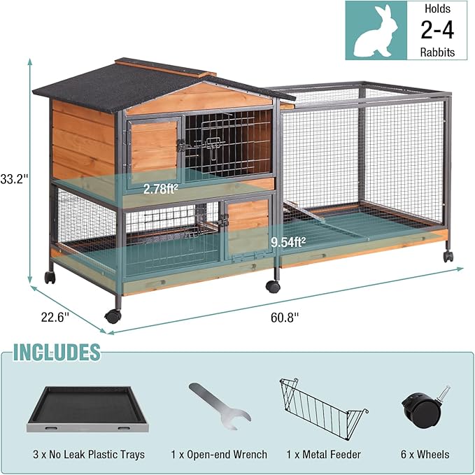 2-Story Rabbit Cage with Chew-Proof Metal Frame for Indoor/Outdoor - 62" Bunny Hutch Guinea Pig Cages with 6 Locking Wheels & 2 Removable Trays for Rabbits/Guinea Pigs
