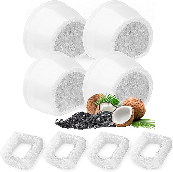 8 Pack Cat Water Fountain Filters Replacement, 4 Carbon Filters and 4 Foam Sponge Pre-Filter Fit for Multiple Ceramic and Stainless Steel Pet Fountains