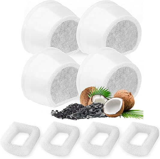 8 Pack Cat Water Fountain Filters Replacement, 4 Carbon Filters and 4 Foam Sponge Pre-Filter Fit for Multiple Ceramic and Stainless Steel Pet Fountains