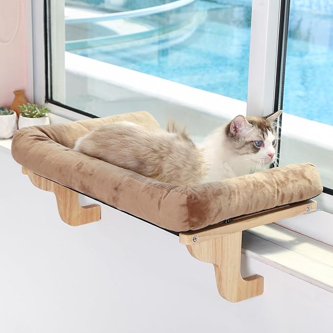 Cat Perch for Window Sill with Bolster - Orthopedic Hammock Design with Premium Hardwood & Robust Metal Frame - Cat Window Seat for Large Cats and Kittens - Natural Color Wood with Brown Bed