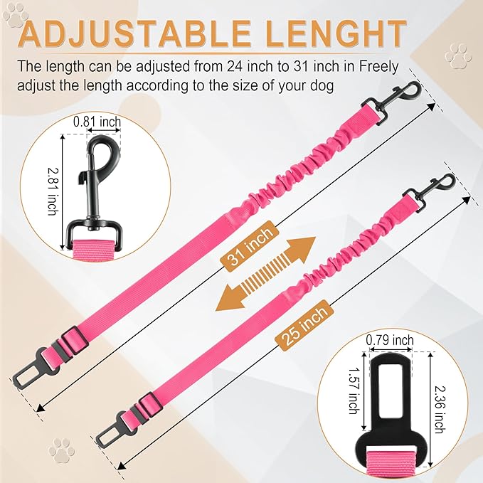 LivTee Dog Seat Belt for Car, Retractable Pet Safety Harness, Adjustable Nylon Dog Seatbelt Leash, Comfortable Dog Accessories for Vehicles (Pink-2PCS)