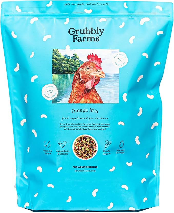Grubbly Farms Omega Mix Chicken Treats for Laying Hens - Superfood and Omega-Rich Chicken Feed Supplement to Support Egg Production, Strong Eggshells and Nutritious Yolks - 5LB