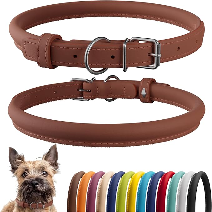 CollarDirect Rolled Leather Dog Collar, Soft Padded Round Puppy Collar, Handmade Genuine Leather Collar Dog Small Large Cat Collars 13 Colors (6-7 Inch, Cinnamon Smooth)