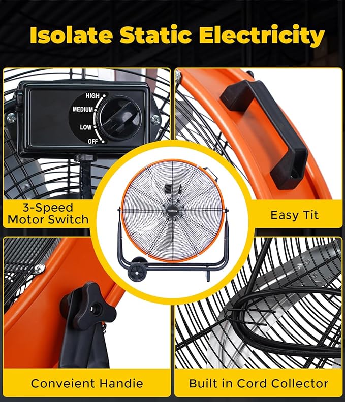 VENTISOL 24 Inch Industrial Floor Drum Fan, 9500 CFM Heavy Duty Floor Fan with 8 Blades, 3-Speed High Velocity Shop Fan, Metal Fans for Warehouse, Patios, Garage