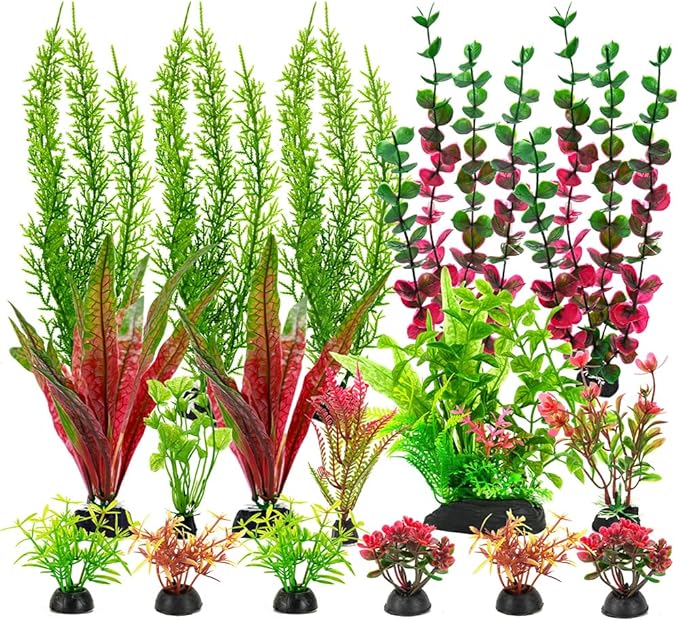 18-Piece Artificial Aquarium Plants Decorations – Large Set with Red & Green Foliage, Fish Tank Decor for Betta, Goldfish, Freshwater & Saltwater Tanks, Weighted Bases