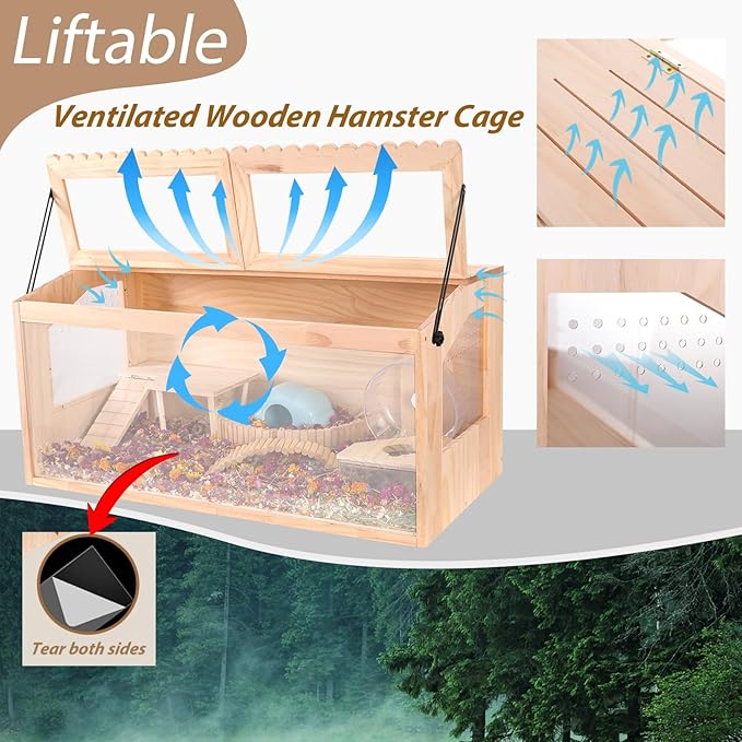 Wooden Hamster Cage, 32"x16"Guinea Pig Cage, Small Animal Cage for Dwarf Syrian Hamsters Degus Mice & Other Small Pets. Large Hamster cage with with 2 Adjustable skylights.