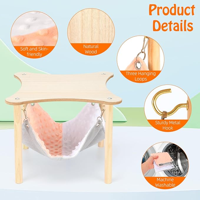 YUEPET Guinea Pig Hammock with Stand, Wooden Guinea Pigs Hideout Soft Ferret Hammock for Cage with Platform for Guinea Pig Ferret Dwarf Rabbit Chinchilla Hamster