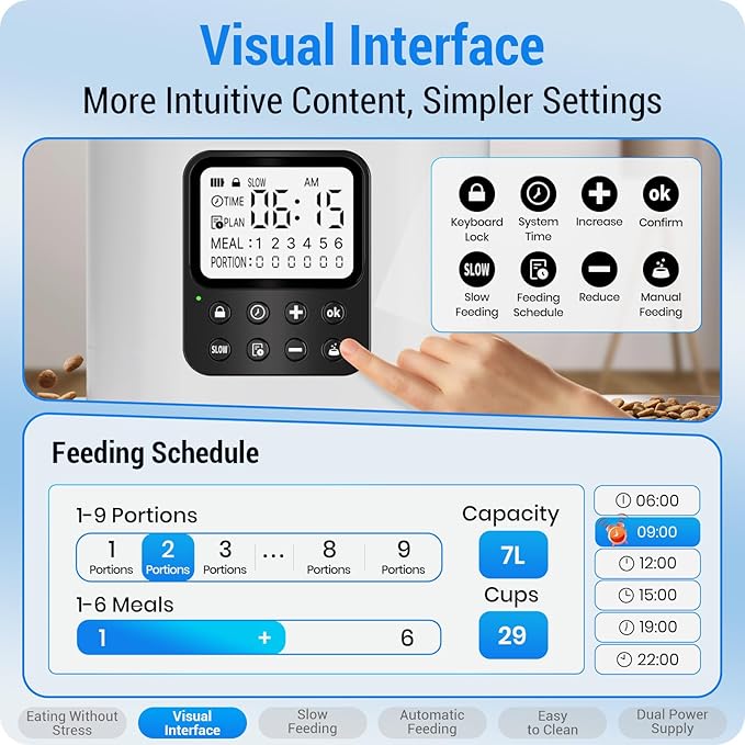 Automatic Cat Feeder with Slow Feed for 2 Cats: Timed Automatic Dog Feeder with Information Visualization Interface, Cat Food Dispenser for Multiple Pets, Detachable for Easy Cleaning-29 Cup