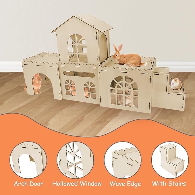 YUEPET Extra Large Wooden Rabbit Hideout Castle Detachable Bunny Tunnel Hut with Ramp Small Animal Houses & Habitats for Outdoor Indoor Rabbit Guinea Pig Chinchilla Ferret Hamster to Rest Hideawy Play