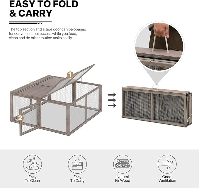 MoNiBloom Foldable Chicken Run Wood Chicken Coop Rabbit Hutch No Assembly Required Indoor/Outdoor Small Animal Nesting Box Portable Habitat Enclosure Spacious Pet Playpen 45.5 x 42.5 x 20 inch Grey