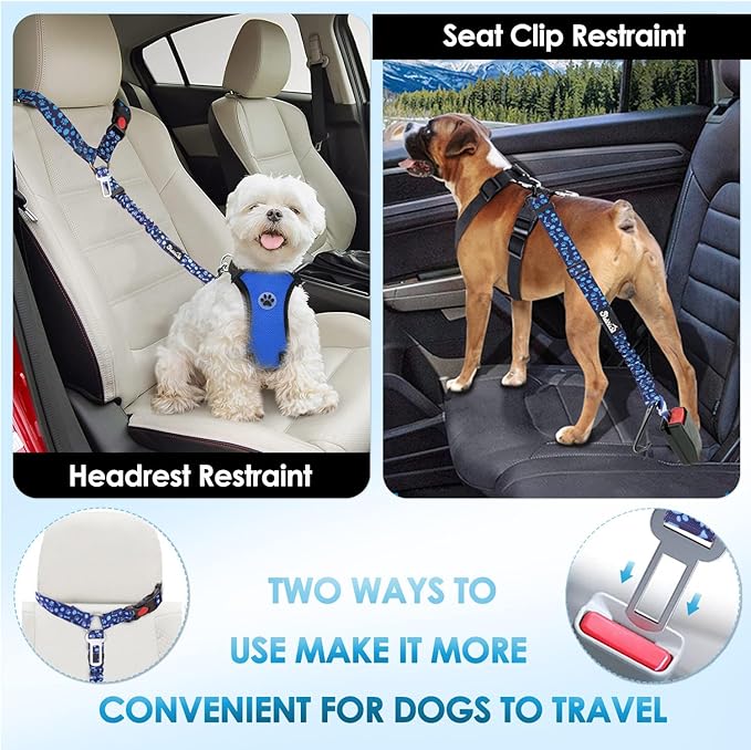 Lukovee Dog Seatbelt Leash for Cars, 2 Pack Pet Safety Car Seat Belt with Adjustable Buckle & Reflective Bungee, Connect Dog Harness in Vehicle Car Dogs Restraint Travel Daily Use (Blue Paw)