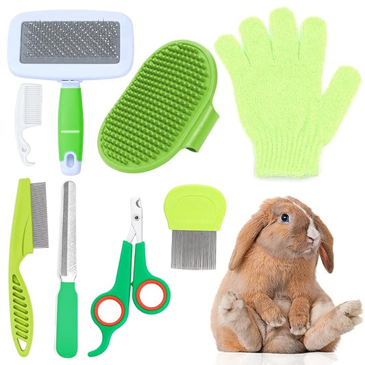 VCZONE 8 Pcs Small Animal Grooming Kit, Pink with Pet Nail Clipper and File, Flea Comb, Pet Shampoo Bath Brush, Pet Shedding Slicker Brush, Bath Massage Glove, Cleaning Comb (Green)