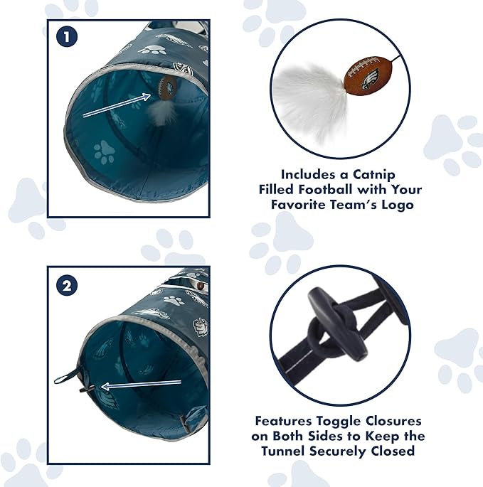 NFL Philadelphia Eagles Cat Tunnel Tube Toy with Plush Football Catnip and Feathers Collapsible Tunnel for Cats to Play, Peek and Hide, Sporty & Fun Cat Tunnel Toy with Team Logo All-Over Design!
