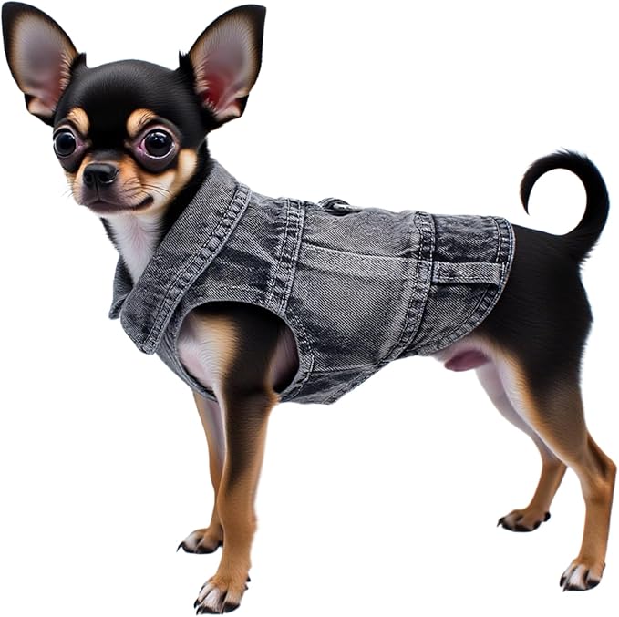 Puppy Clothes for Small Dogs Boy,Classic Western Denim Dog Coat,Dog Jeans Jacket with Leash D-Ring,Pet Cat Costumes,Cooling Harness Vest for Walking (Black, Small)