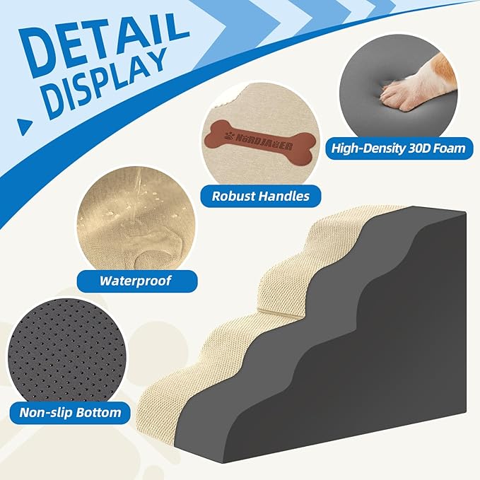 5-Step Spliceable Pet Stairs: Indoor& Outdoor Multi-Use with a Removable Cover and a Pocket, Best for Small Pets and Older Dogs Who Has Spine and Arthritis Issues to Get on High Beds, Beige（22.8" H）