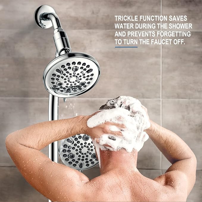 High Pressure Handheld/Rain 82-mode 3-way Shower Head Combo with 25.75" Adjustable Drill-free Stainless Steel Slide Bar, Pet & Tub Power Wash and Anti-clog Nozzles, with 5ft Hose - Polished Chrome