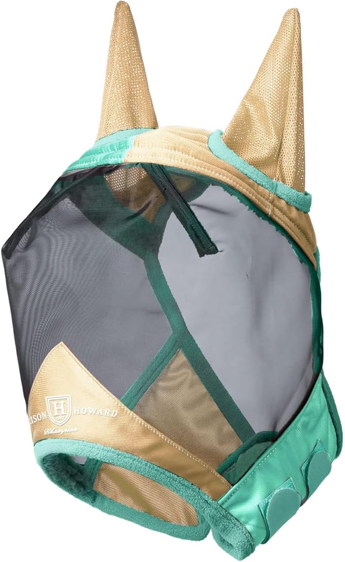 Harrison Howard Pro Luminous Horse Fly Mask Standard with Ears UV Protection for Horse Champagne Gold/Mint Large Full Size