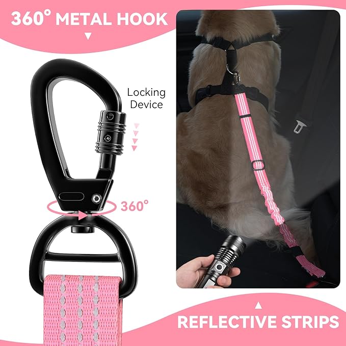Pawaboo Dog Seatbelt for Car, 3-in-1 Dog Seat Belt Bungee, Shockproof Dogs Tether for Car with Buckle & Hook Latch, Adjustable Reflective Dogs Cars Harness Leash with 360° Lockable Buckle, Pink