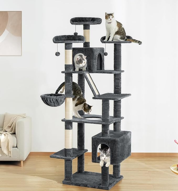 Made4Pets Tall Cat Tree, 80" Cat Tree Tower for Indoor Cats Large Adult, Modern Cat Tower with Scratching Post, Cozy Hammock, 3 Perches and 2 Condos, Sturdy and Fluffy, Dark Gray