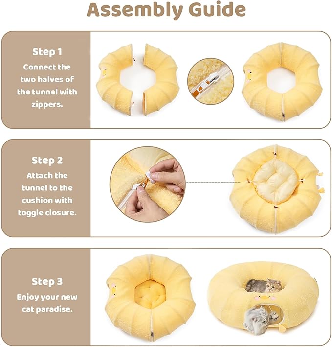 EHEYCIGA Cat Tunnel Bed for Indoor Cats, Cute Cat Donut Toy Tunnel for Small Large Cats with Washable Circle Cushion, Peekaboo Pet Cave Play Tunnel for Kitten, Puppy, Rabbit